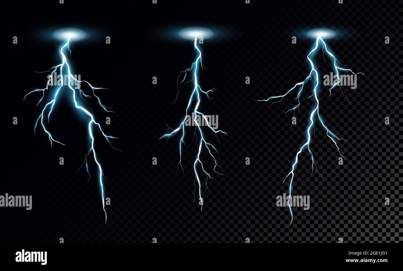 Lightning bolts Set di illustrazioni vettoriali realistiche. Scarica elettrica Thunderstorm isolata su sfondo trasparente. Fenomeni naturali, blu Illustrazione Vettoriale