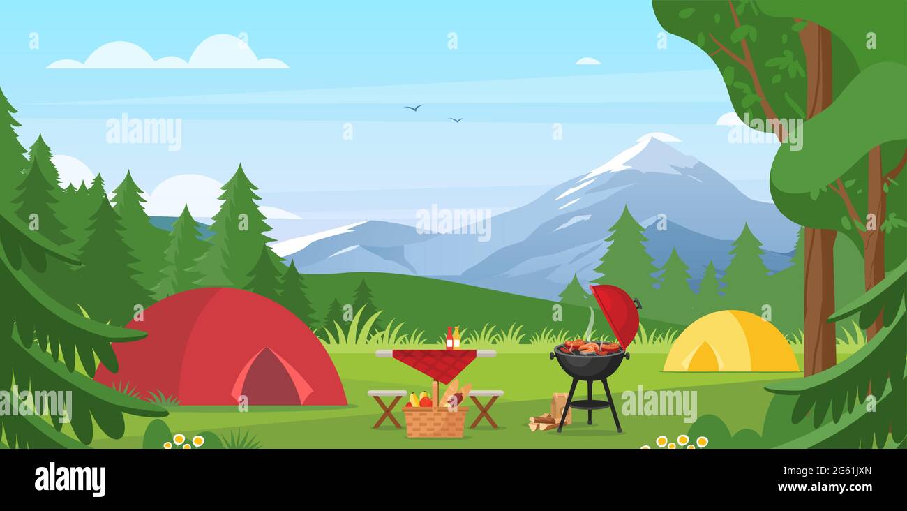 Cartoon campeggio turistico piano con picnic e tenda tra foresta, vista paesaggio di montagna, giorno di sole. Illustrazione vettoriale del campeggio estivo. All'aperto Illustrazione Vettoriale