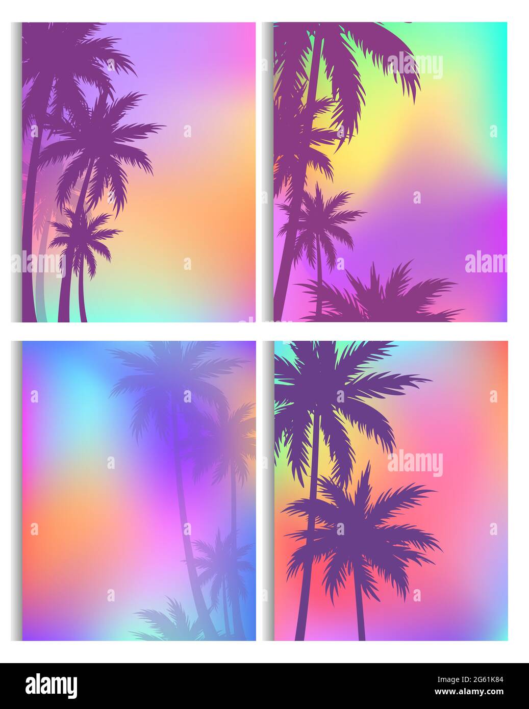 Sfondo tropicale con set di illustrazioni vettoriali di palme da cocco, silhouette piatte di cartoni animati di isola esotica, natura tropica della spiaggia o confine della giungla Illustrazione Vettoriale