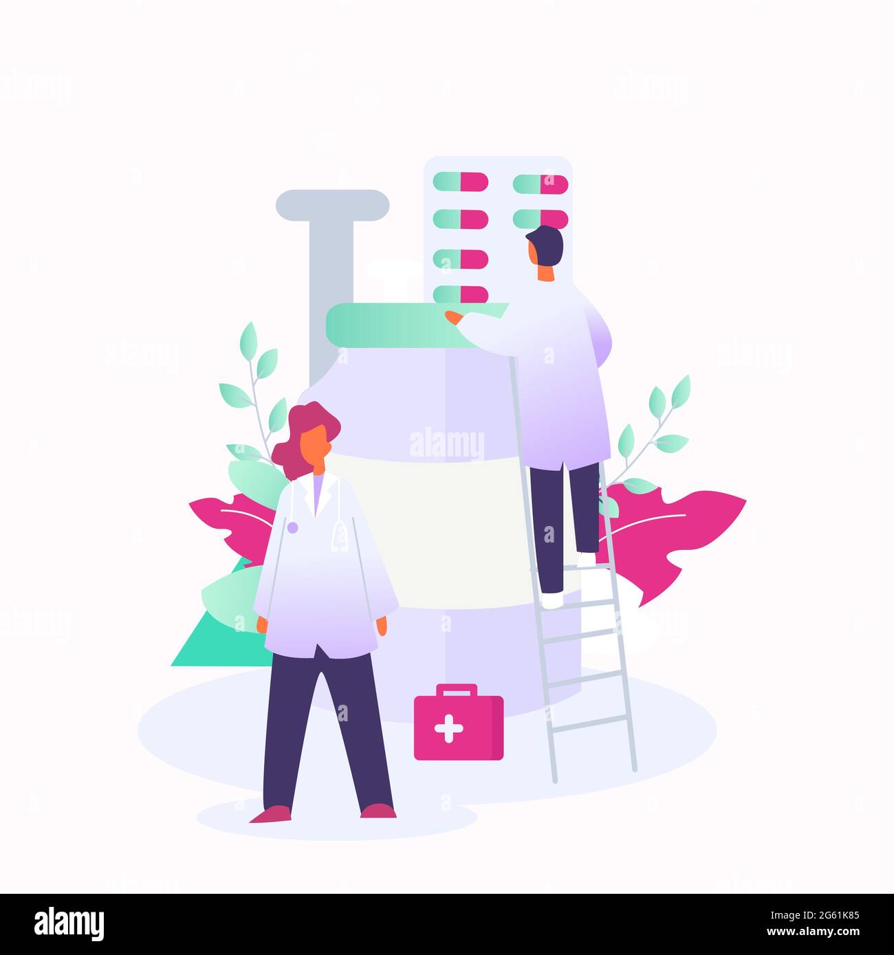 Illustrazione vettoriale dei medici con medicina, pillole e farmaci. Diagnosi medica Corona virus, concetto medico su sfondo bianco. Illustrazione Vettoriale