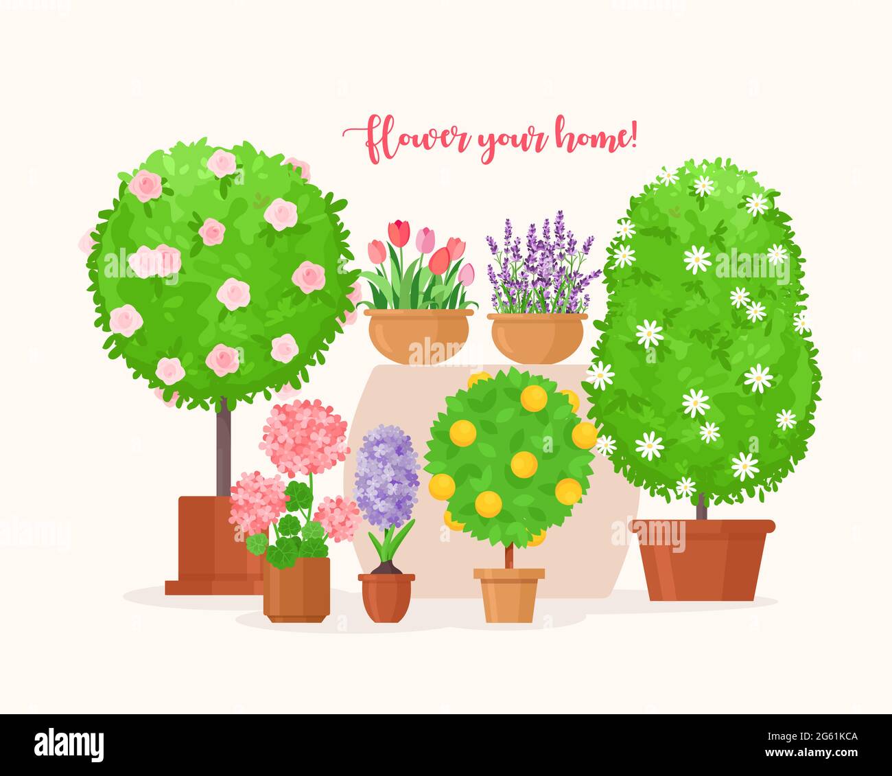 Home giardino illustrazione vettoriale, cartoon verde piatto frutta tropicale albero e pianta casa biologica in vaso, lavanda o tulipano fiore per balcone isolato Illustrazione Vettoriale