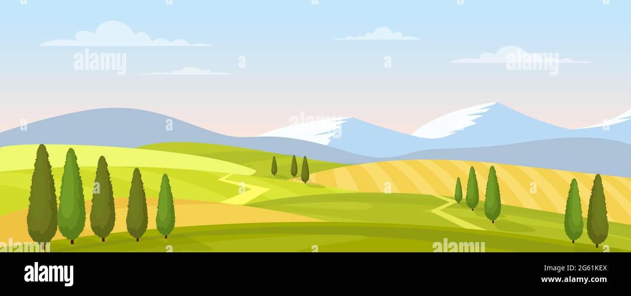 Paesaggio rurale in estate illustrazione vettoriale, cartoni animati pianura campagna paesaggio agricolo con erba verde campo agricolo, montagne e alberi Illustrazione Vettoriale