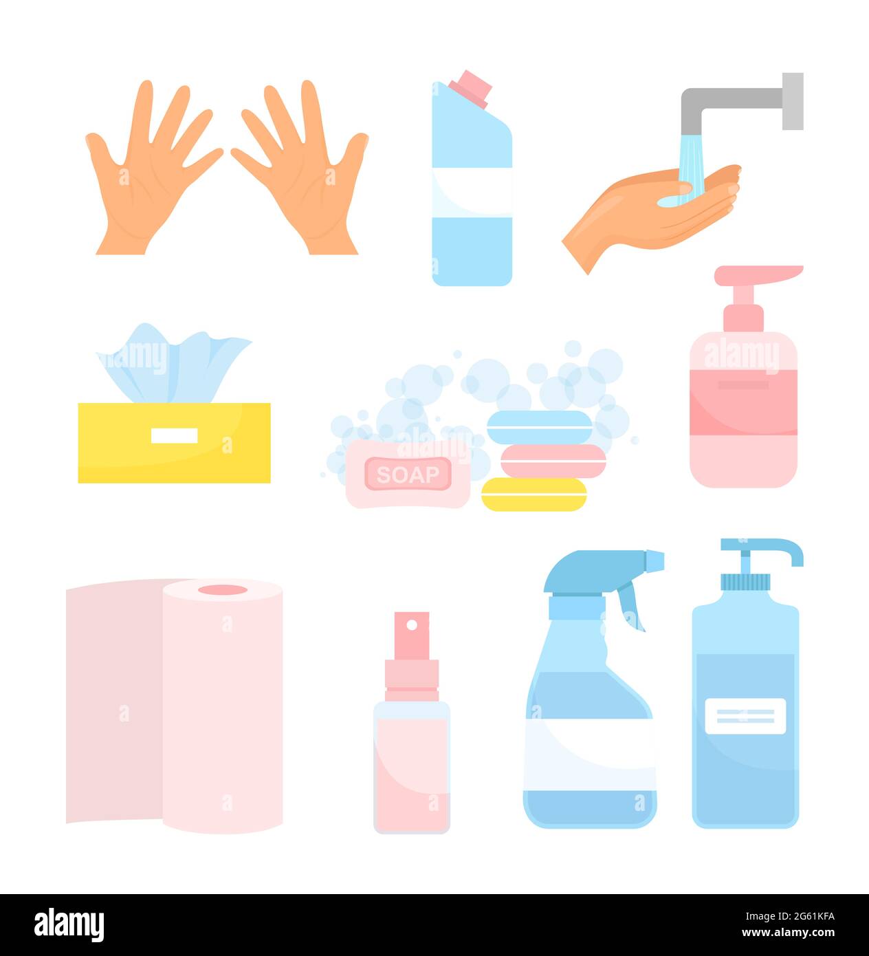 Lavare le mani illustrazione vettoriale, cartone animato set di icone per l'igiene piatta con detergente per sapone, disinfettante spray in bottiglia, disinfettare gel detergente isolato su bianco Illustrazione Vettoriale