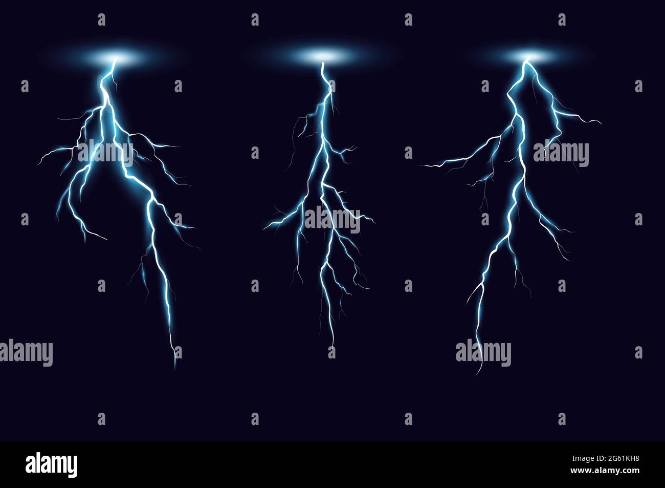 Lightning bolts Set di illustrazioni vettoriali realistiche. Scarica elettrica Thunderstorm isolata su sfondo nero. Fenomeni naturali, blu Illustrazione Vettoriale