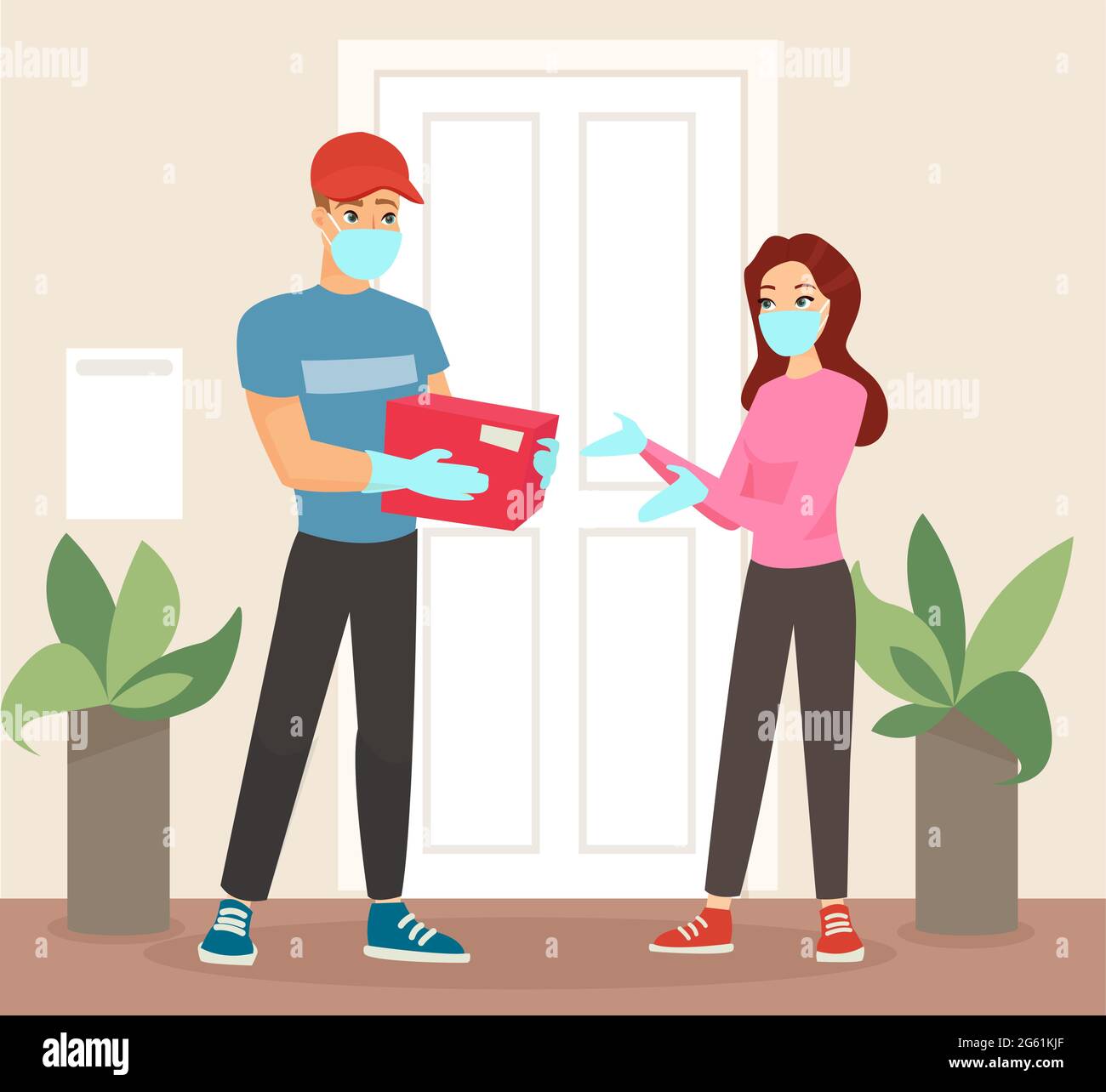 Illustrazione vettoriale dell'uomo in maschera e guanti medici che danno la confezione alla donna in maschera medica. Donna che riceve il pacchetto dal corriere Illustrazione Vettoriale