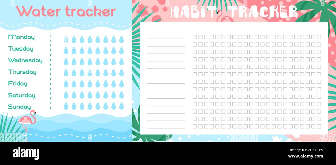 Water tracker lista illustrazione vettoriale, cartoon flat blank journal planner con disegno floreale tropicale e fenicotteri per il tracciamento del progresso degli obiettivi Illustrazione Vettoriale