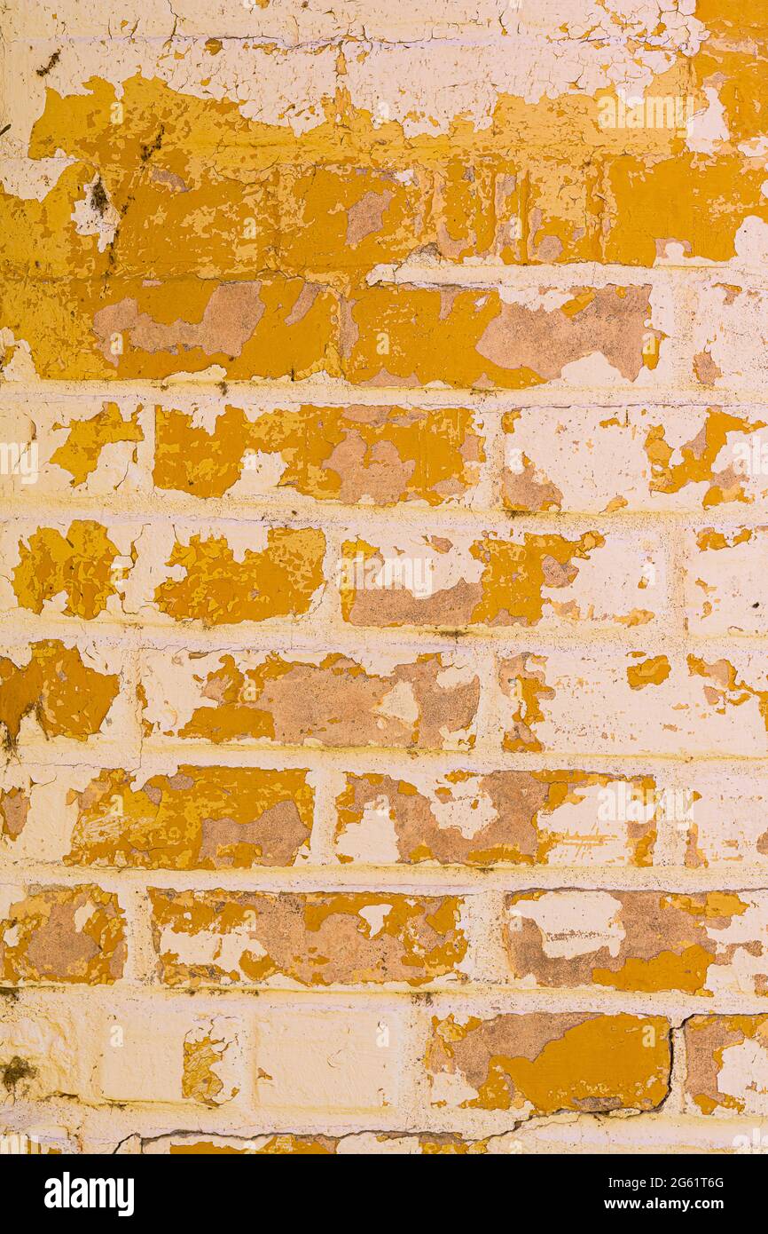 La vernice sbiadita gialla su mattone bianco forma il motivo astratto di sfondo Foto Stock