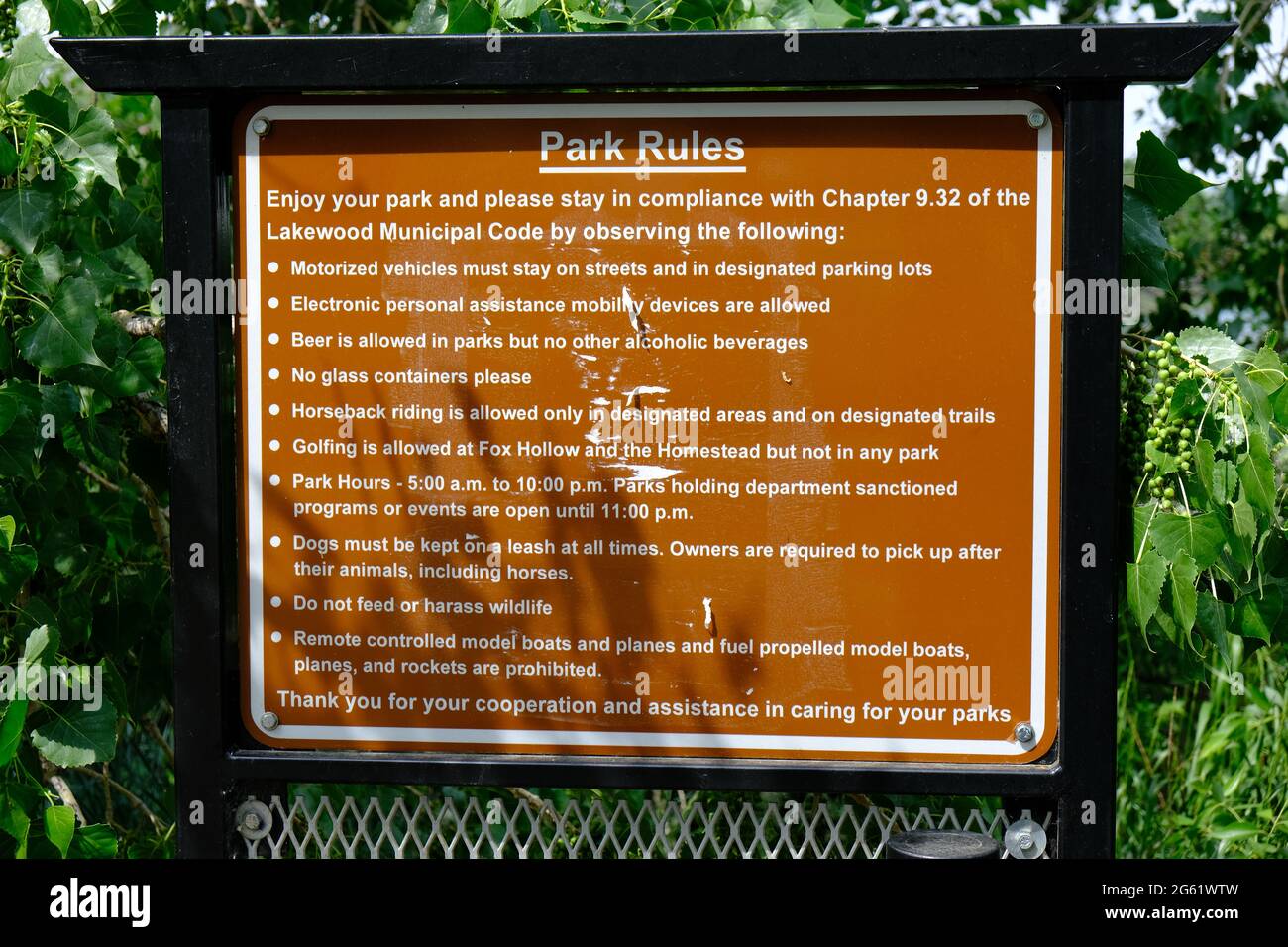 Cartello regolamento del Kendrick Lake Park Foto Stock