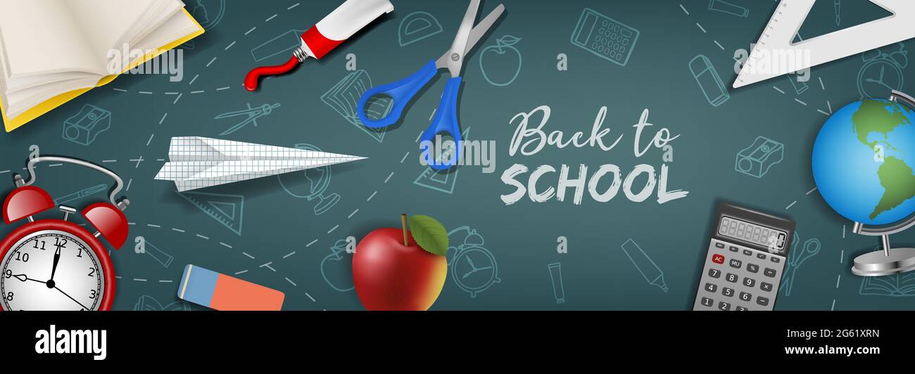 Banner di ritorno alla scuola con materiali scolastici realistici sullo sfondo della lavagna Illustrazione Vettoriale