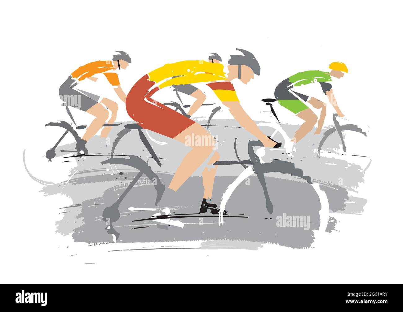Concorrenti della Road Cycling. Illustrazione espressiva, Gruppo di ciclisti su sfondo bianco.vettore disponibile. Illustrazione Vettoriale
