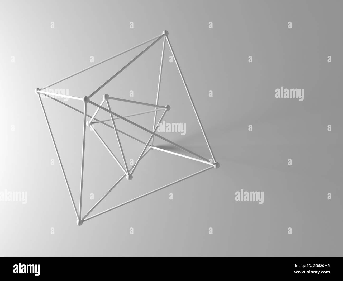 Oggetto reticolo wire-frame, struttura geometrica astratta su sfondo bianco con ombra morbida, rappresentazione 3d Foto Stock
