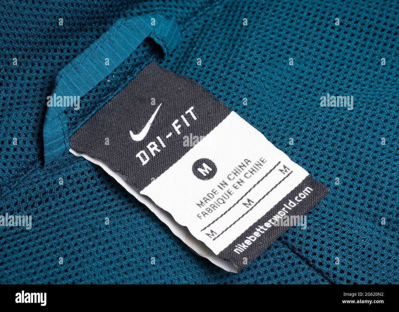 Etichetta Made in China sugli indumenti sportivi Nike Dry Fit Foto stock -  Alamy
