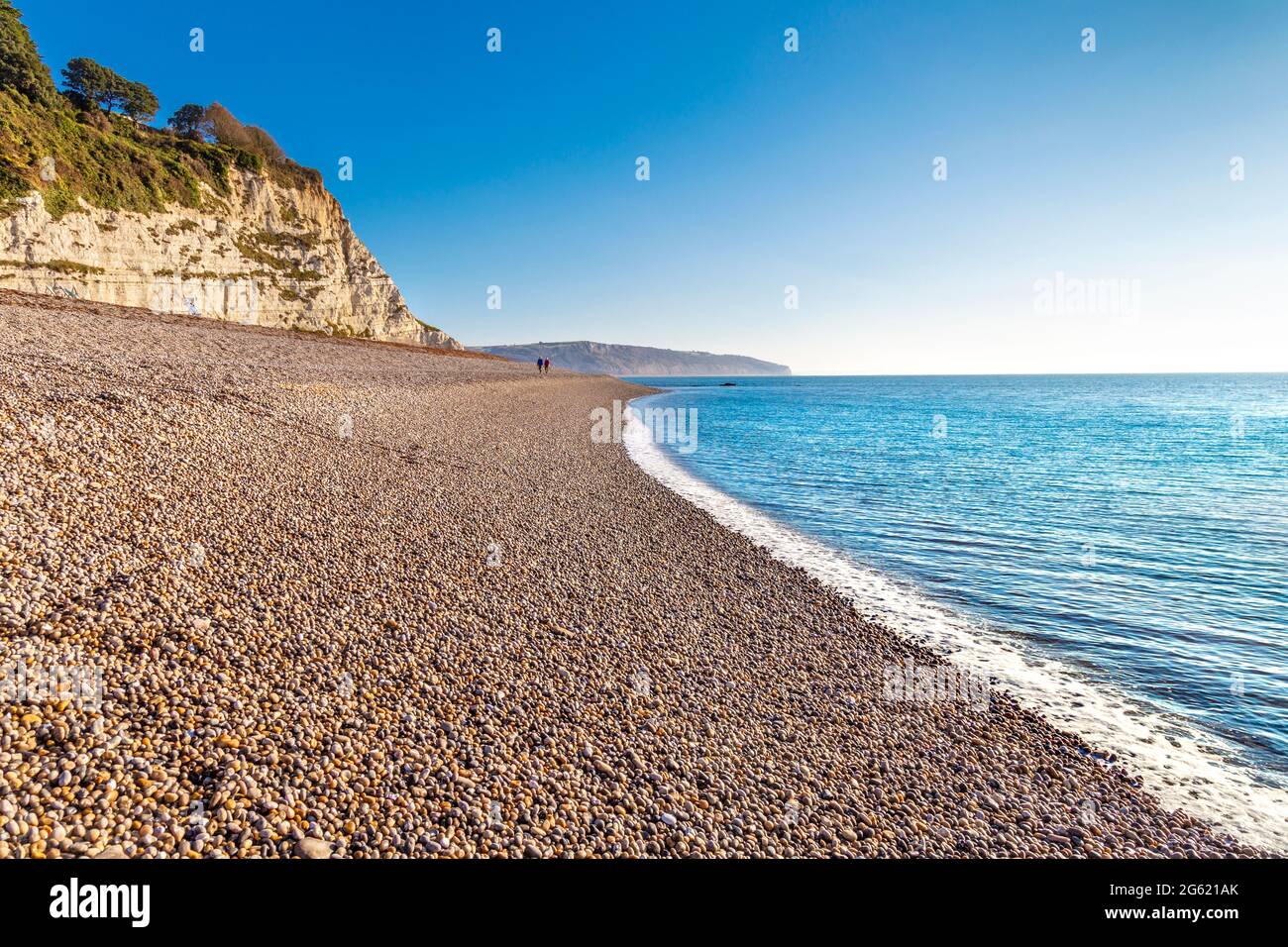 Spiaggia di ghiaia e mare presso la città balneare di Beer, Beer Beach, Devon, Regno Unito Foto Stock