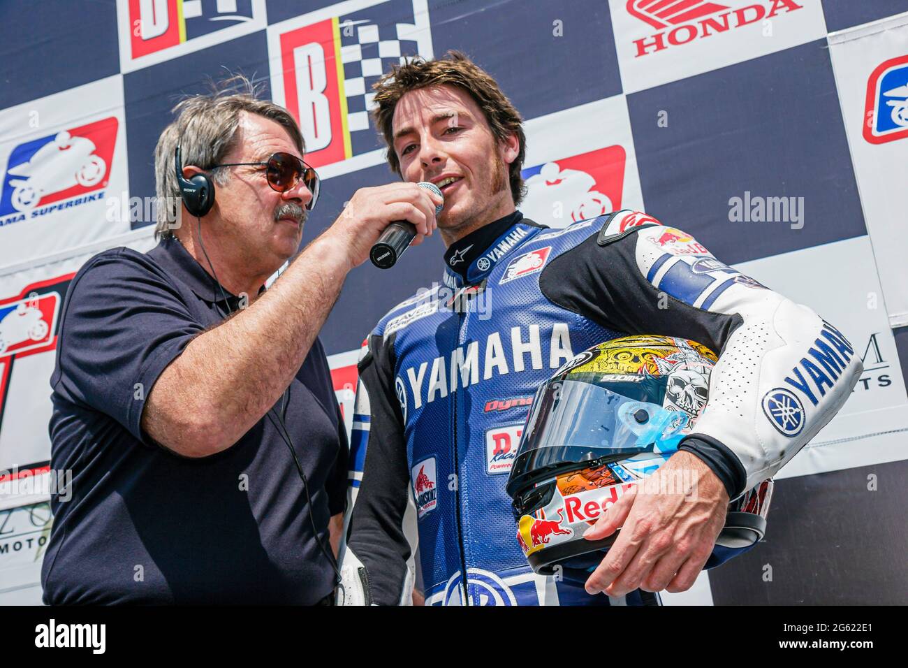 Birmingham, Alabama, Barber Motorsports Park Honda Superbike Classic, gara pilota motociclista vincitore fase parlando squadra Yamaha, Foto Stock