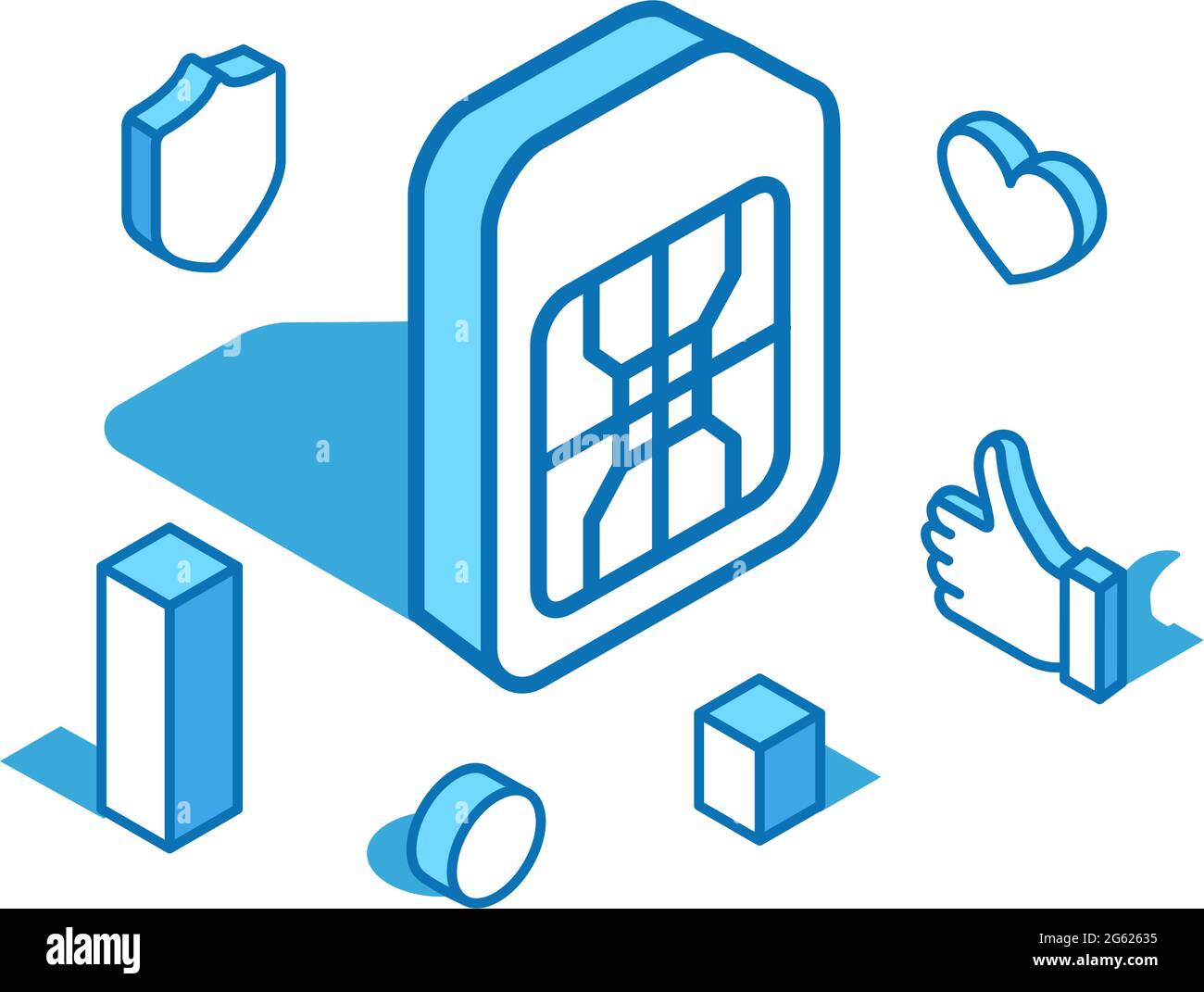 Immagine isometrica della linea blu della scheda SIM. Slot mobile, scheda telefonica tecnica modello banner 3D. Illustrazione Vettoriale