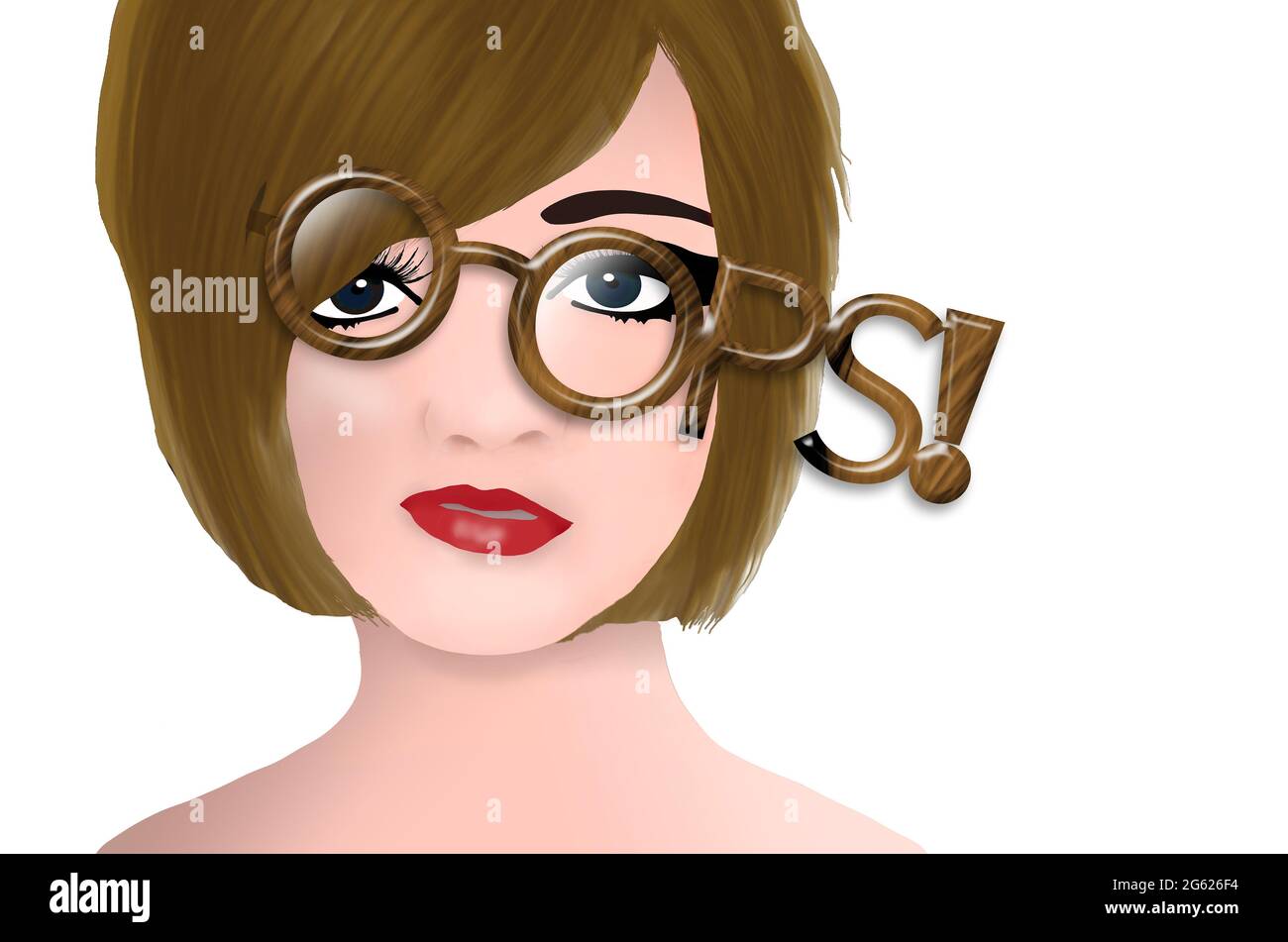 Una giovane donna indossa gli occhiali che si ammalano e che dicono "Oops!" in questa illustrazione 3-d circa ottenere gli occhiali di destra. Foto Stock