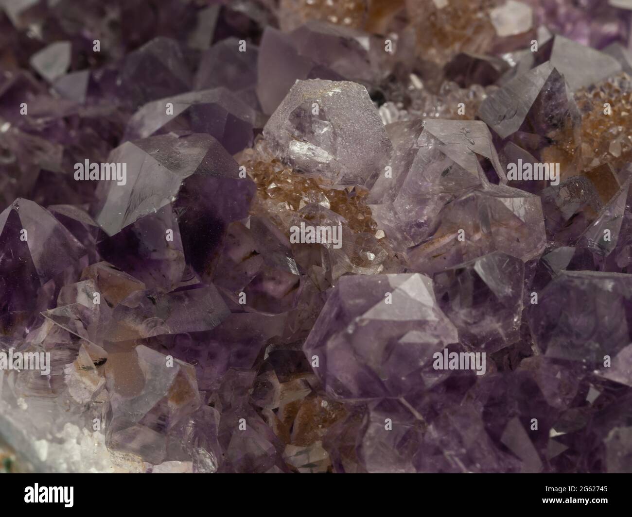 cristalli di quarzo di ametista viola semitrasparente su matrice Foto Stock