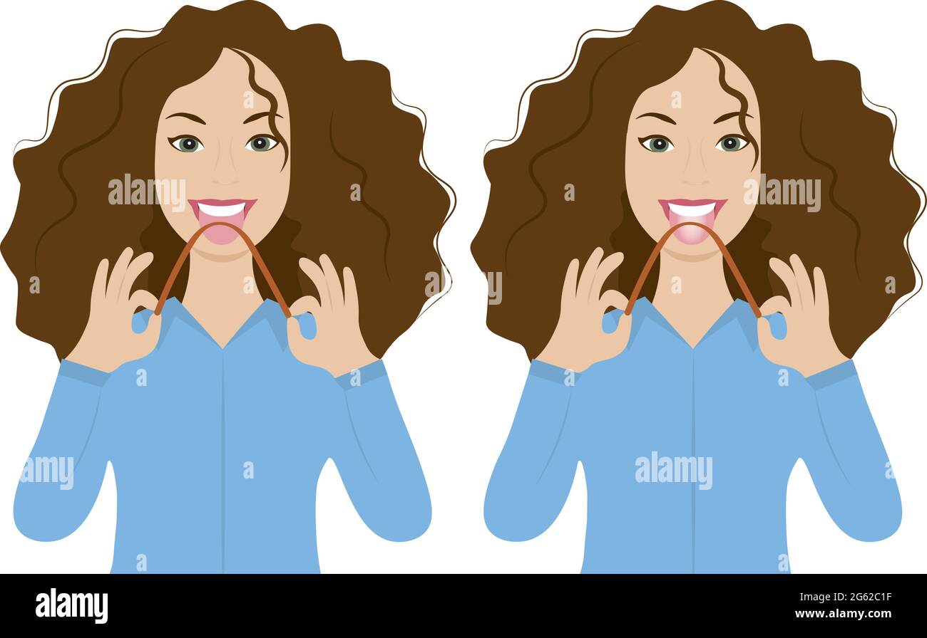 Bella donna con raschietto lingua di rame - Ayurveda mattina routine Illustrazione Vettoriale