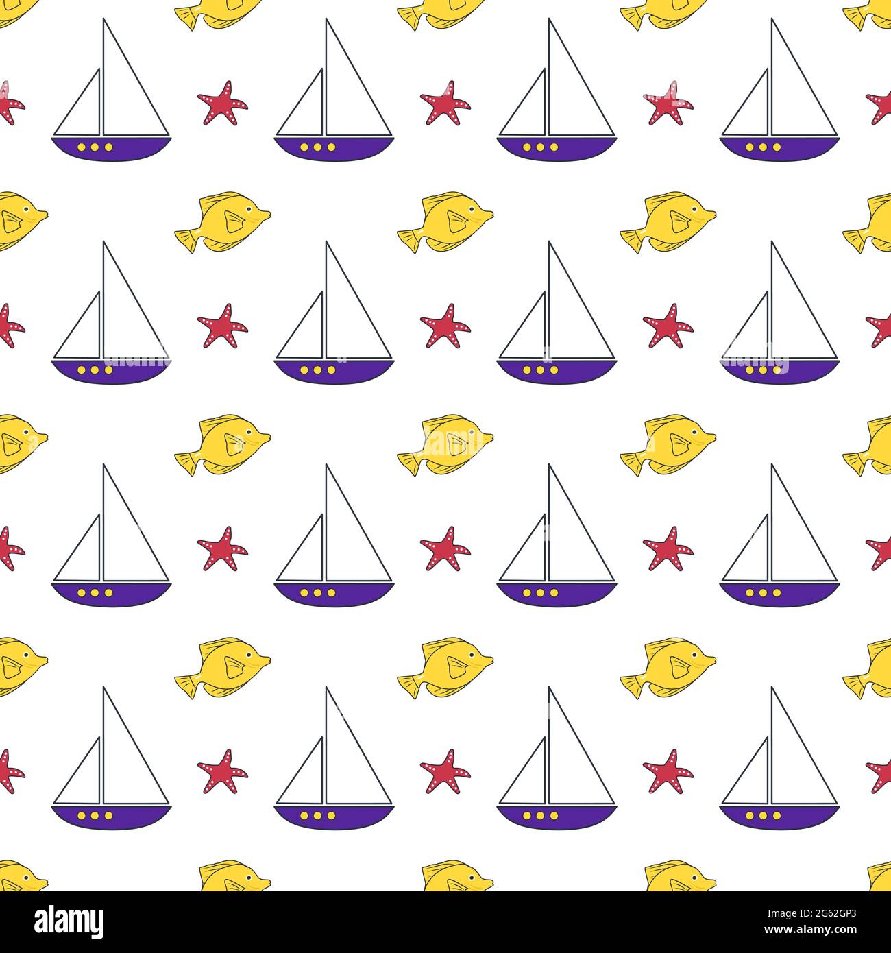 Modello marino estivo con navi, pesci e stelle marine su uno sfondo bianco Illustrazione Vettoriale