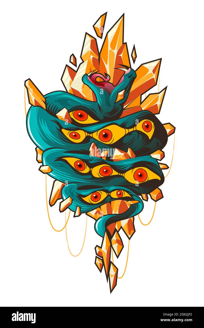 Tatuaggio con serpente con motivo di occhi sulla pelle e cristalli di arancio. Vettore astratto illustrazione piatta con serpente verde, ornamento occulto e gemme isolate su sfondo bianco Illustrazione Vettoriale