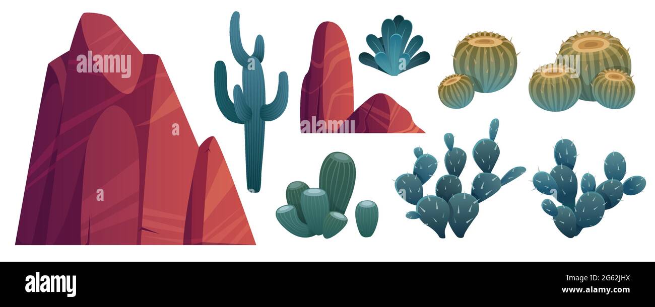 Rocce di montagna e cactus, pietre con piante verdi del deserto piked. Elementi naturali, flora naturale occidentale selvaggia per la formazione di giochi per pc isolato su sfondo bianco. Illustrazione vettoriale cartoon, set di icone Illustrazione Vettoriale