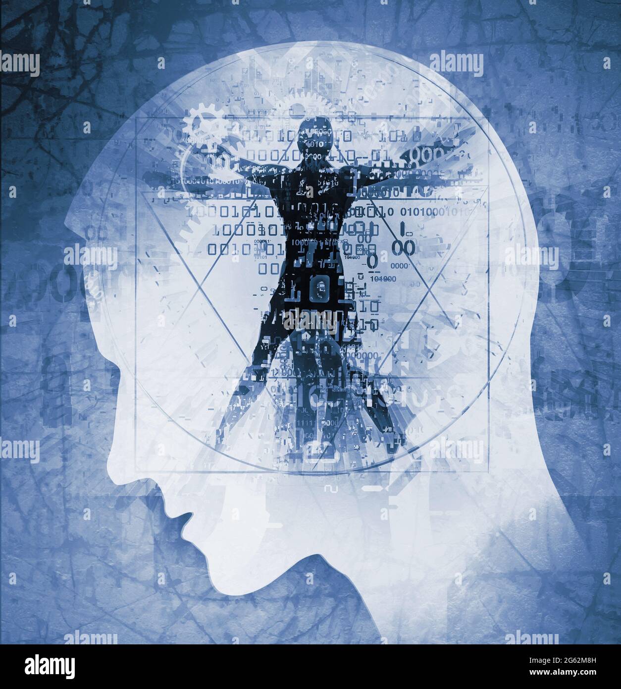 Testa maschile con uomo Vitruviano, concetto di tecnologia e scienza. Illustrazione della testa di giovane uomo stilizzata nel profilo e l'uomo vitruviano. Foto Stock