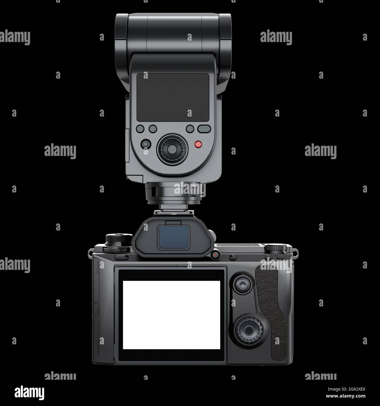 Concetto di fotocamera reflex digitale inesistente con obiettivo e flash esterno speedlight isolato su sfondo nero. Rendering 3D e illustrazione di professionisti Foto Stock