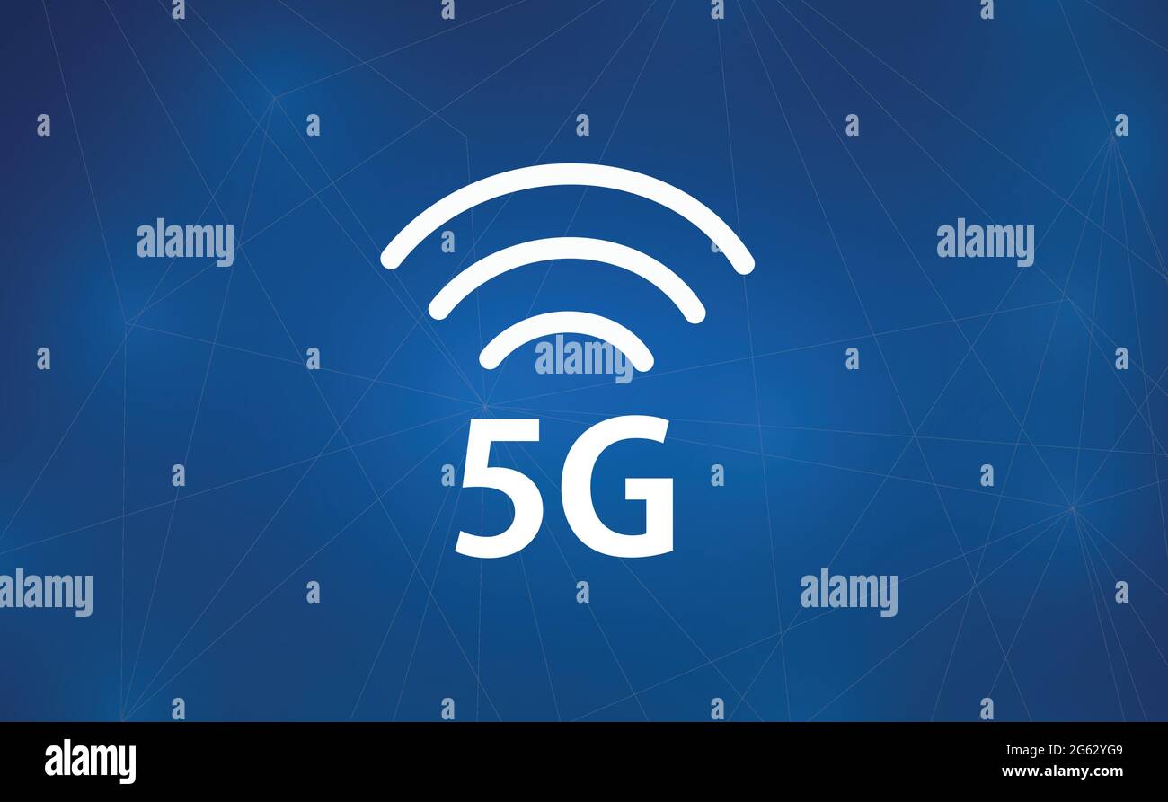 Illustrazione astratta con rete 5g. Innovazione tecnologica. Concetto di servizio di telecomunicazione mobile senza fili. Illustrazione Vettoriale