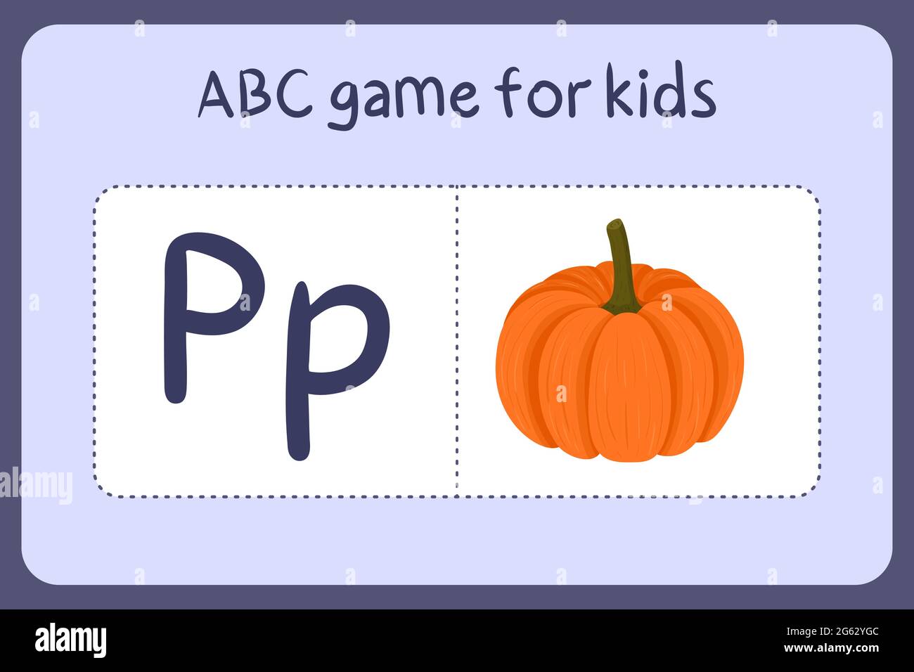 Minigiochi di alfabeto capretto in stile cartoon con lettera P - zucca. Illustrazione vettoriale per la progettazione del gioco - taglio e gioco. Imparare abc con carte flash frutta e verdura. Illustrazione Vettoriale