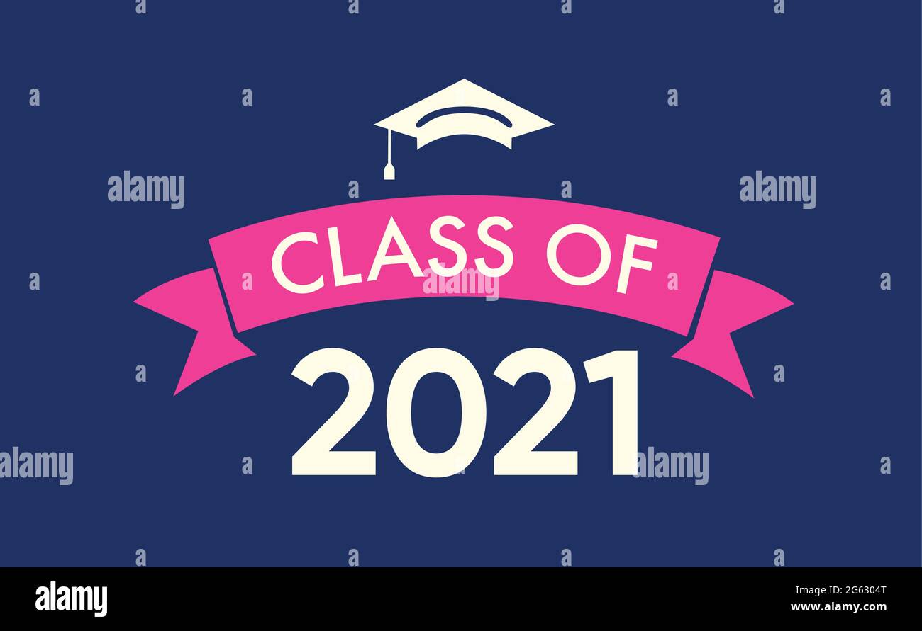 Classe di 2021 con tappo graduato. Design semplice e piatto su blu Illustrazione Vettoriale