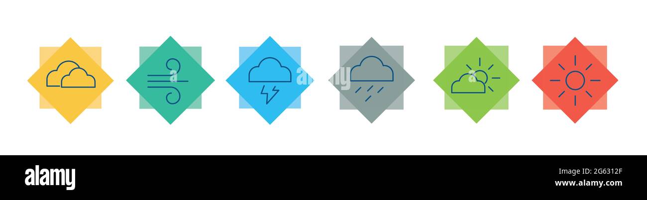 Segni colorati delle previsioni meteo su sfondo bianco. Vettore icona calendario. Vettore piatto. Illustrazione Vettoriale