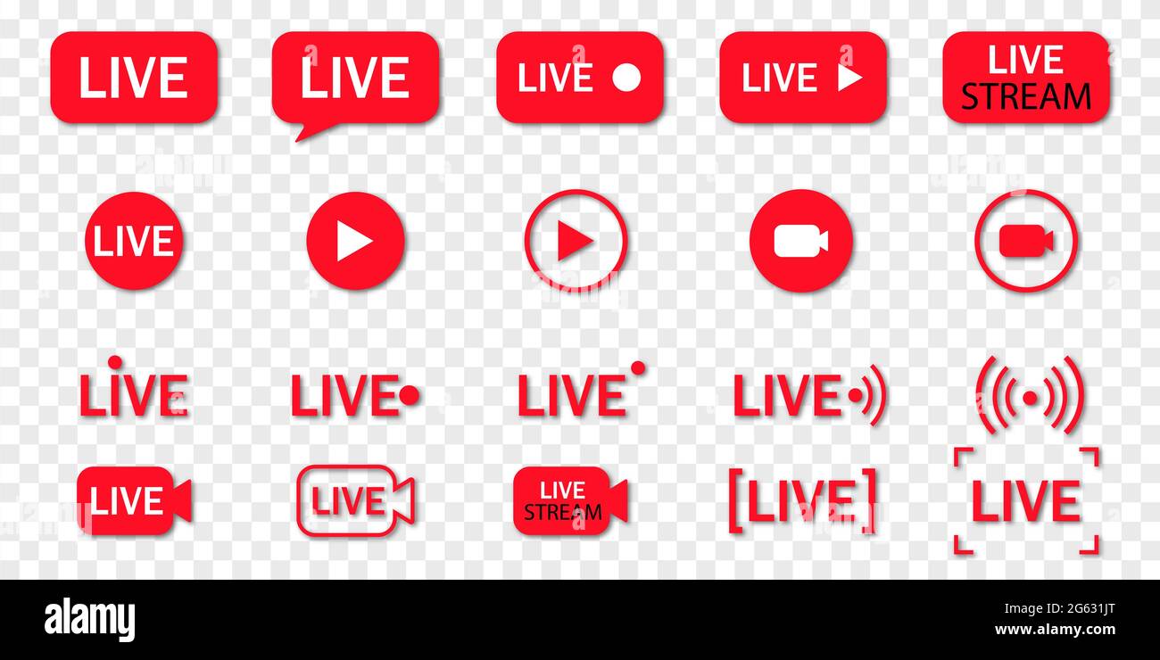 Set di icone per lo streaming live. Simboli rossi e pulsanti di streaming live, trasmissione, streaming online isolati su sfondo trasparente Illustrazione Vettoriale
