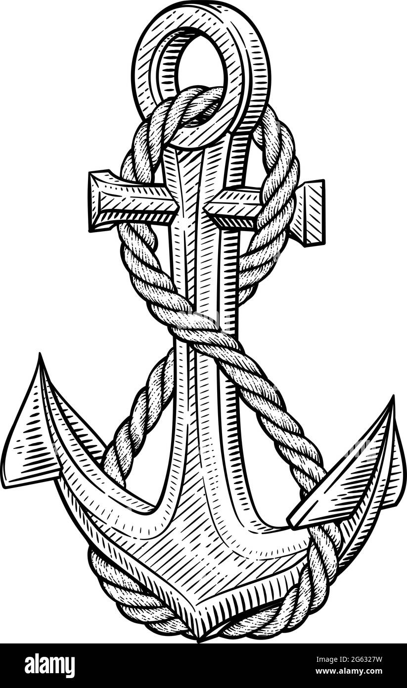 Ship Anchor and Rope Nautical Illustration Woodcut Illustrazione Vettoriale