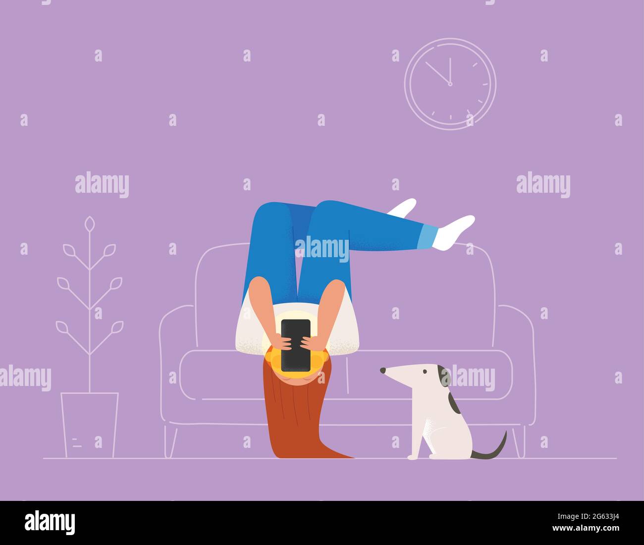 Una donna che guarda il telefono e il cane che la guarda. Illustrazione Vettoriale