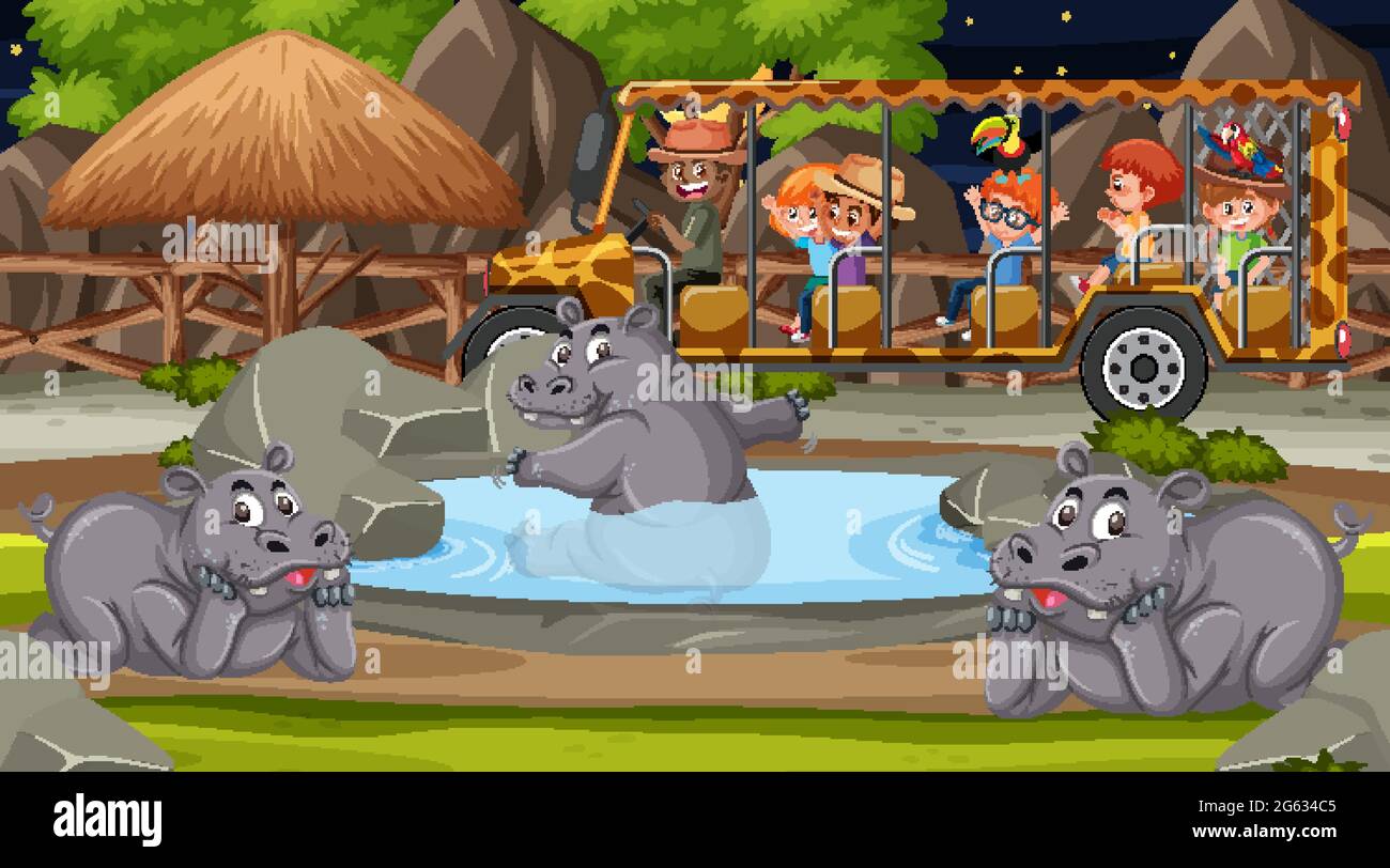 Safari nella scena notturna con i bambini che guardano l'illustrazione di gruppo hippopotamus Illustrazione Vettoriale