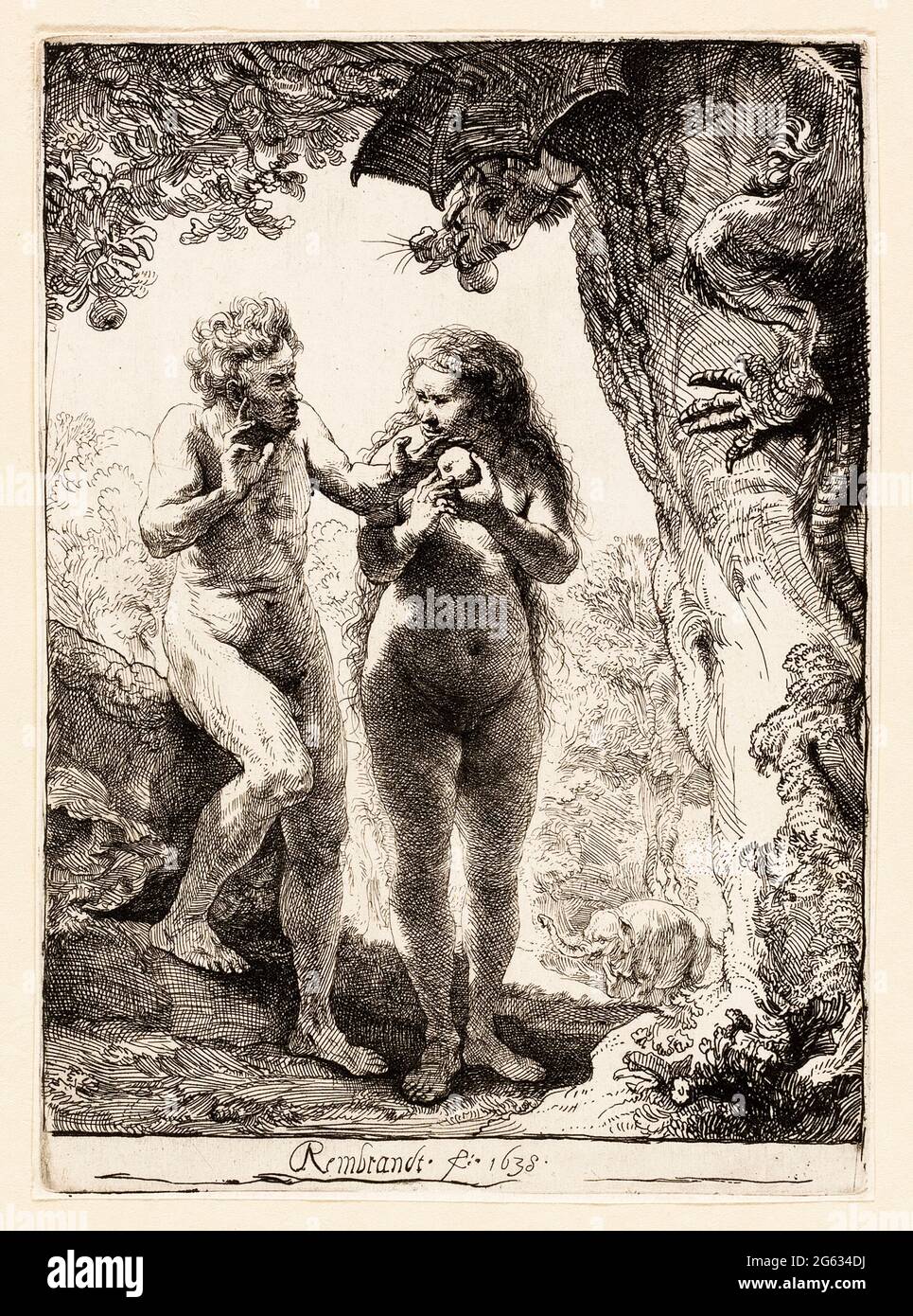Adamo ed Eva, incisione di Rembrandt van Rijn, 1638 Foto Stock