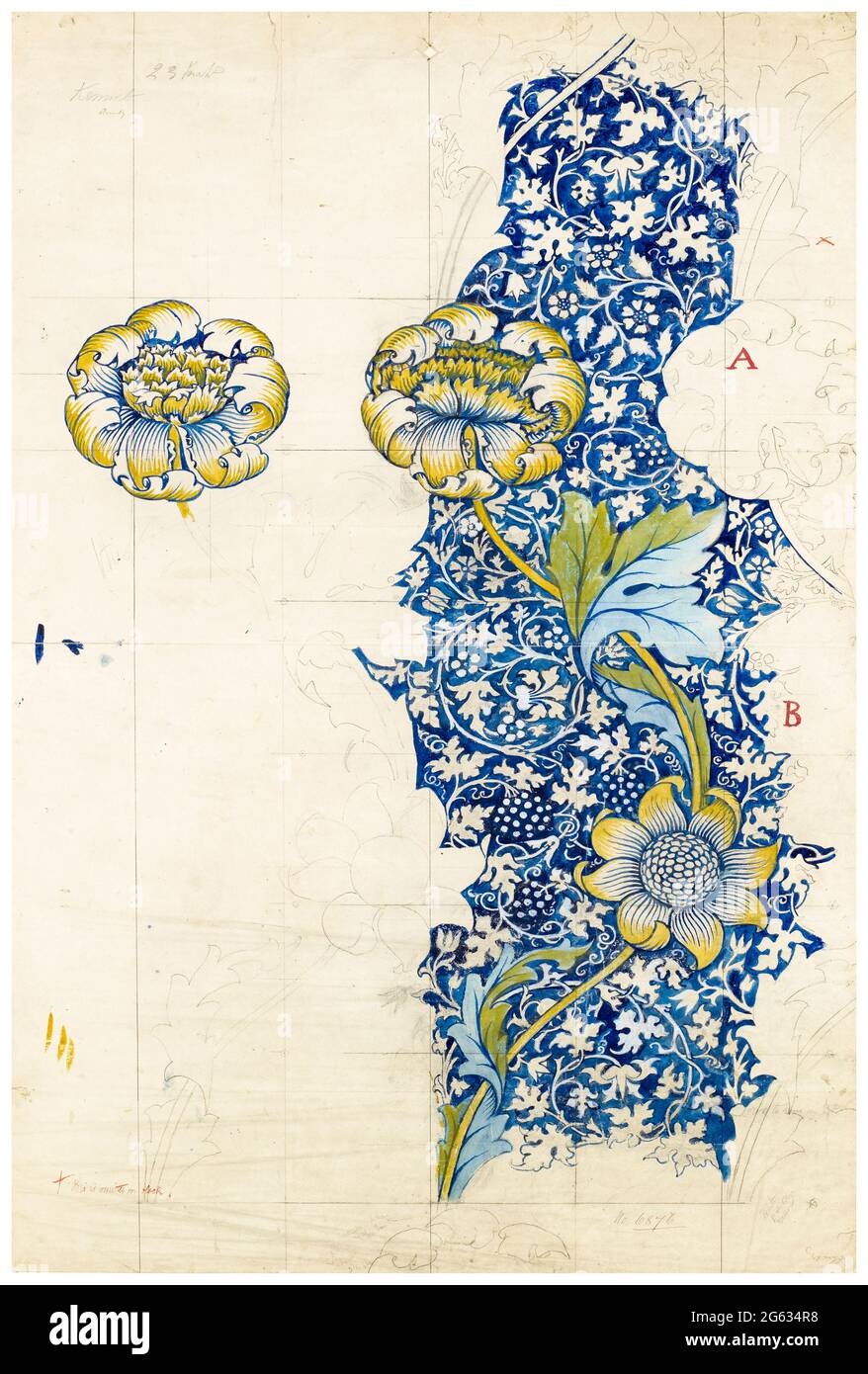 William Morris, Kennett, motivo del tessuto, disegno originale fatto a mano, pittura, 1883 Foto Stock