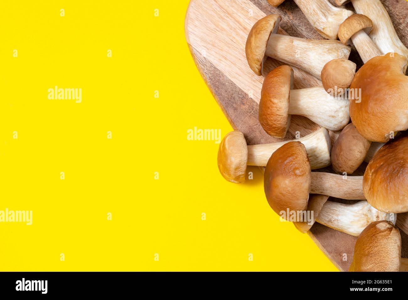 Tappo marrone Boletus Edulis su un tagliere su sfondo giallo. Funghi commestibili su una tavola di legno in cucina. Nessuno Foto Stock