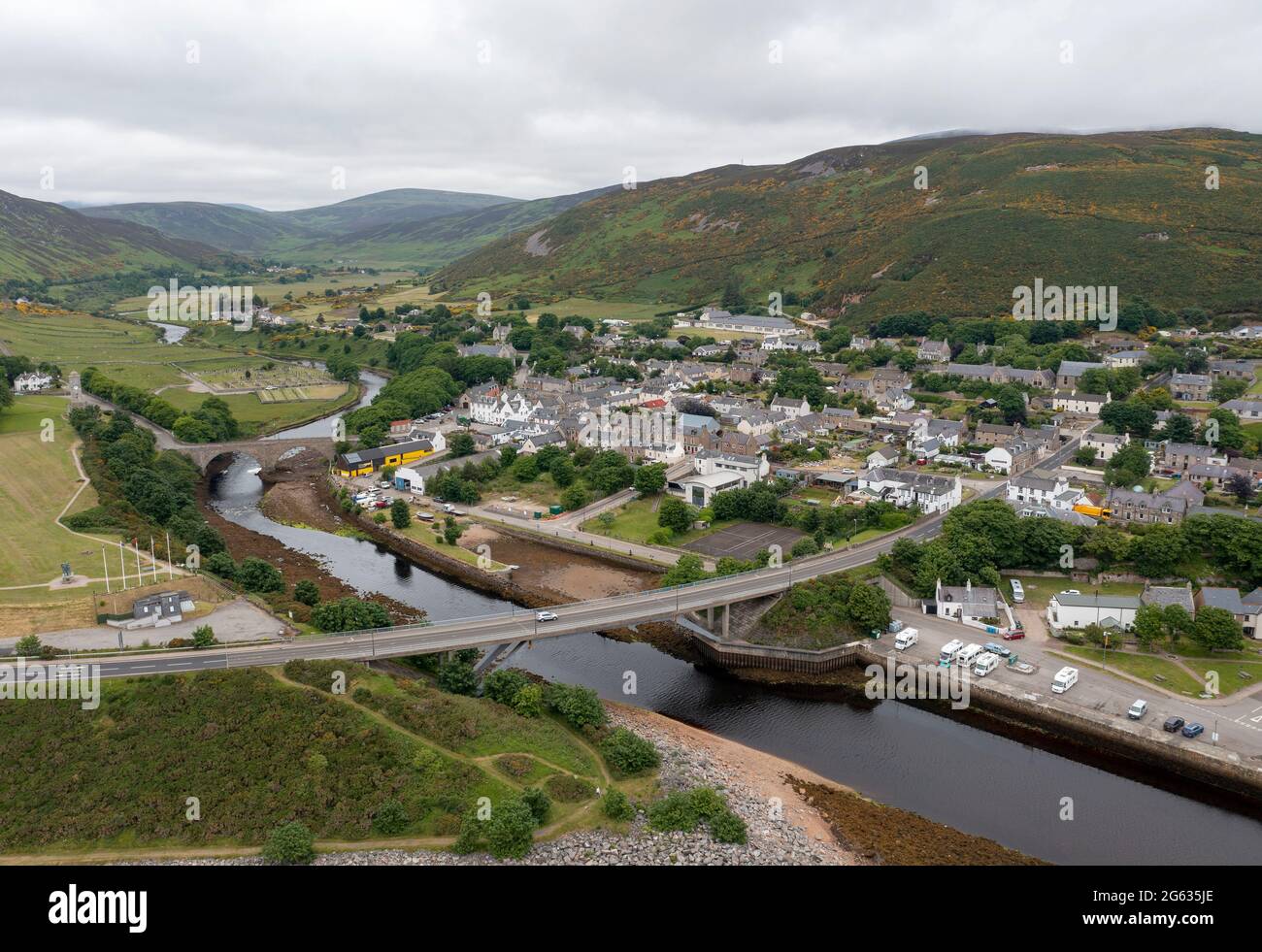 Veduta aerea del villaggio di Helmsdale, Sutherland, Scozia. Foto Stock