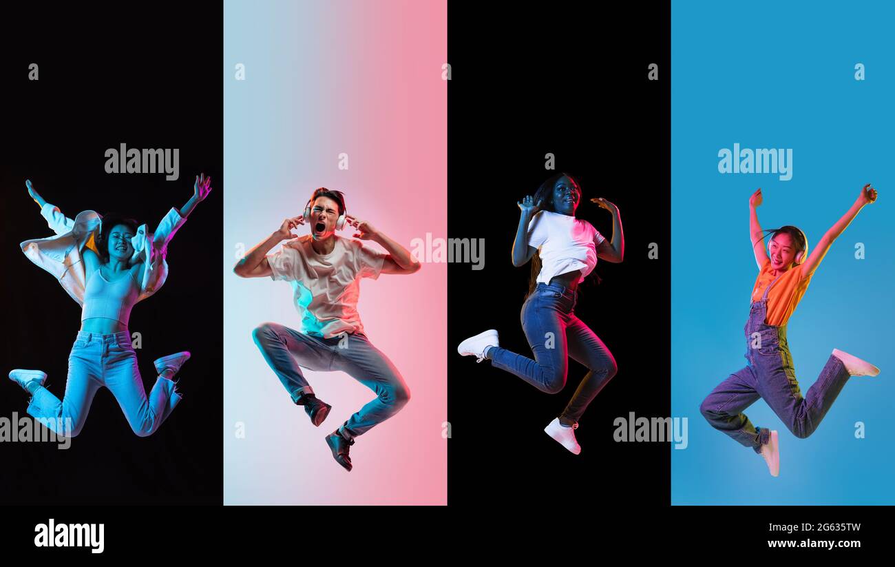 Ritratti di gruppo di persone, giovane saltando isolato su sfondo multicolore in luce al neon, collage. Foto Stock