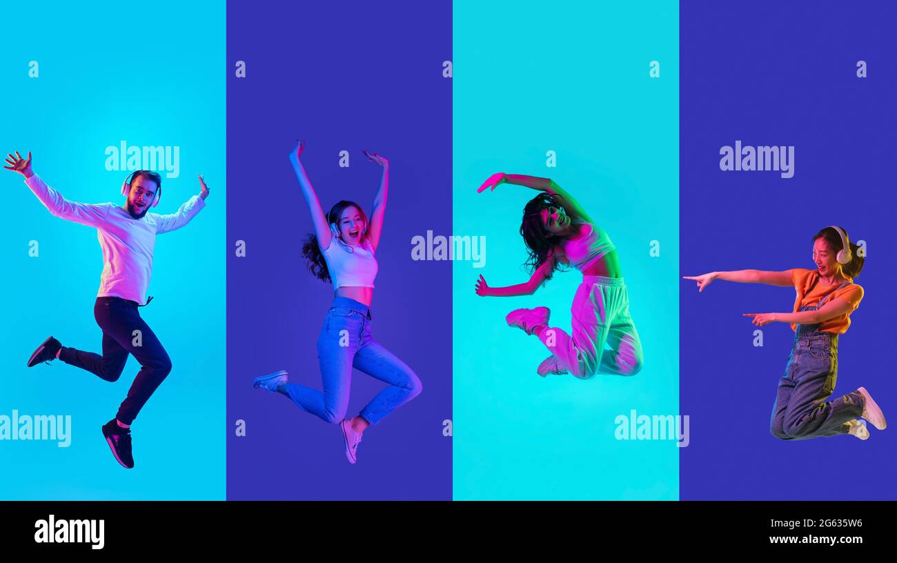 Ritratti di gruppo di persone, giovane saltando isolato su sfondo multicolore in luce al neon, collage. Foto Stock