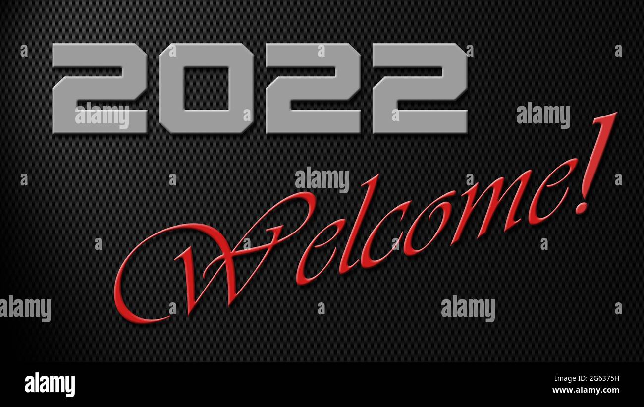 2022 WELCOME lettering with carbon graphic elements Illustrated on dark background - Illustrazione 3D Foto Stock