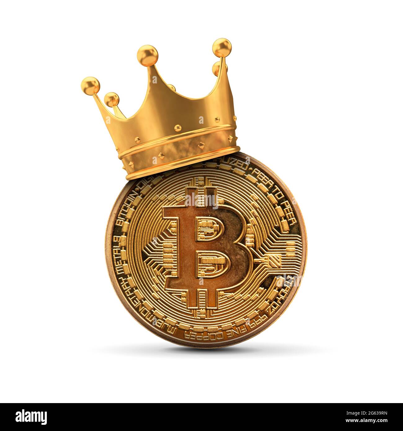Bitcoin con corona d'oro. Concetto di re criptovaluta. Rendering 3D Foto Stock