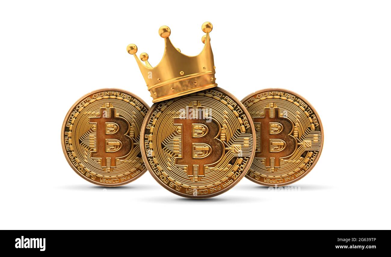 Bitcoin con corona d'oro. Concetto di re criptovaluta. Rendering 3D Foto Stock