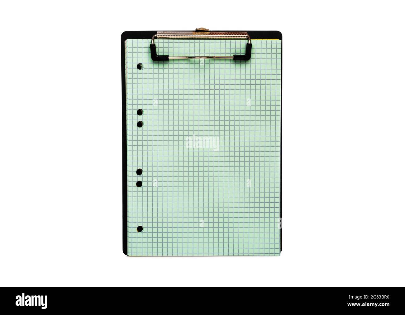 Notebook vuoto con clip isolata su sfondo bianco Foto Stock