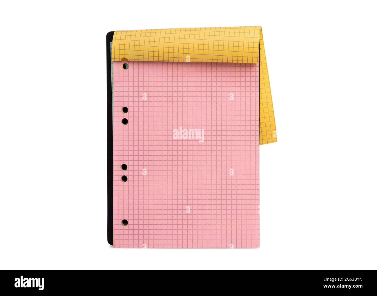 Apri il notebook con pagine colorate isolate su sfondo bianco Foto Stock