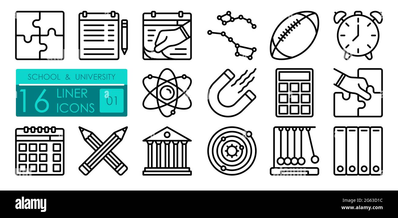 set di icone lineari per università. Struttura dell'atomo, calcolatrice. Lezioni di educazione fisica, astronomia. Attività sportive, programma delle lezioni. Nero semplice AN Illustrazione Vettoriale