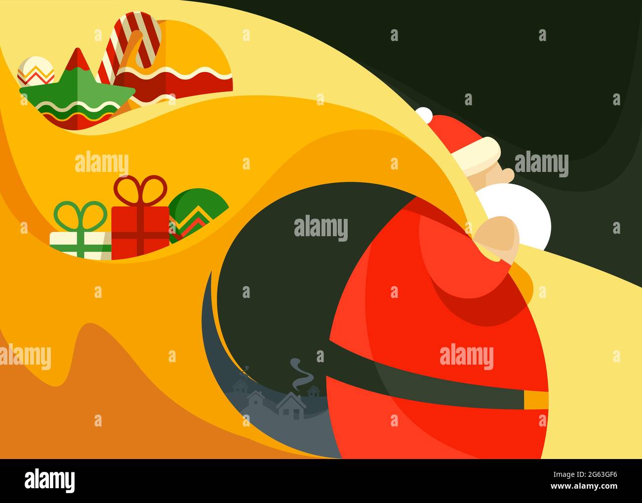 Striscione con Babbo Natale che contiene una borsa di giocattoli. Design della placche in stile astratto. Illustrazione Vettoriale