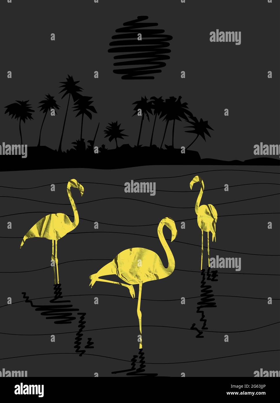 flamingo uccelli oro silhouette di carta in piedi in acqua nella notte astratto paesaggio con luna nera e palme mare vettore illustrazione Illustrazione Vettoriale