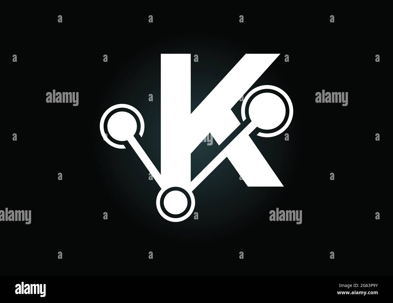 Lettera iniziale K con il simbolo del logo della tecnologia. Adatto per tecnologia, Internet e business relativo ai dati Illustrazione Vettoriale
